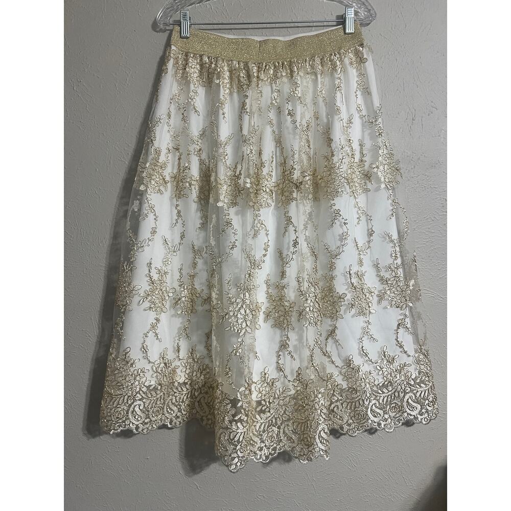 Belle Badgley Mishka Gold Embroidered Tulle Overlay Skirt 10 - Picture 2 of 7